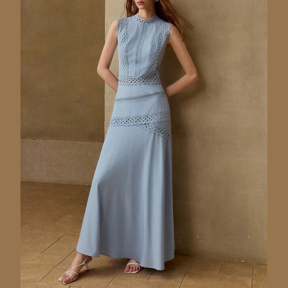 Dusty Blue Crochet Lace Trim Sleeveless Maxi Dress - Picture 1 of 7